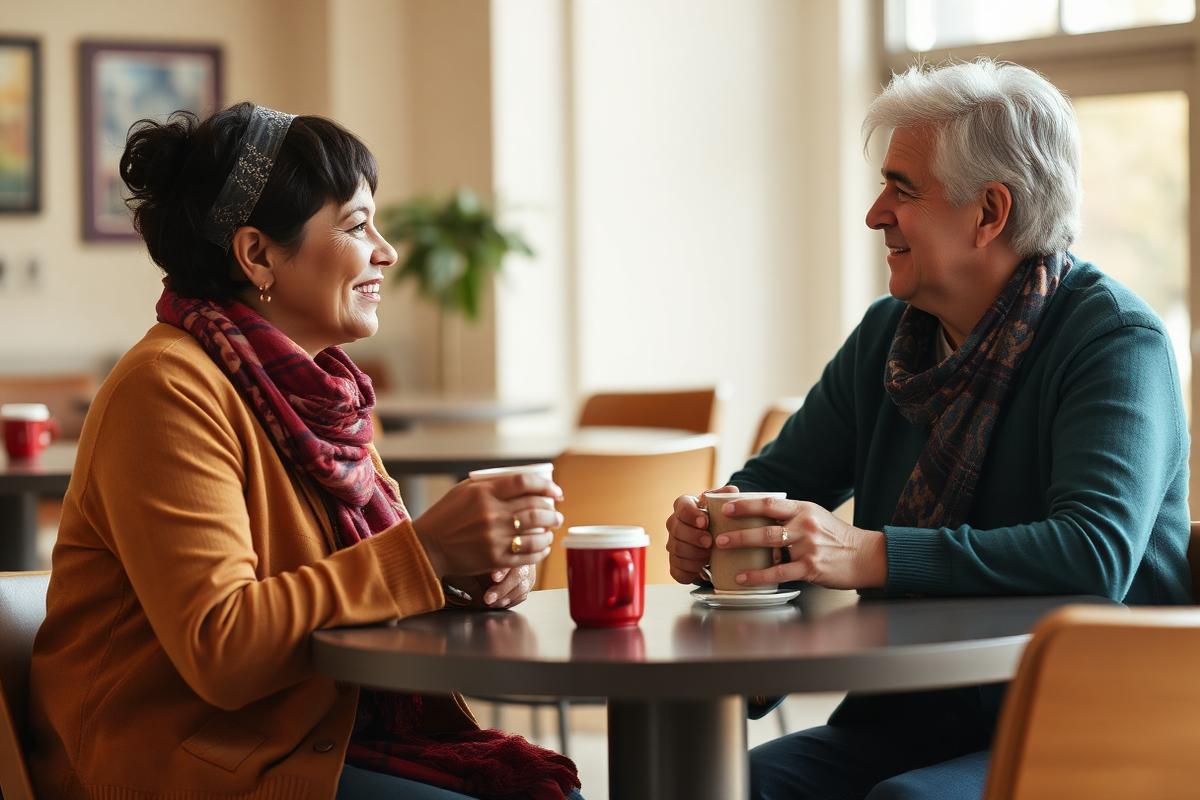 Two people in an encouraging conversation over coffee in a community space