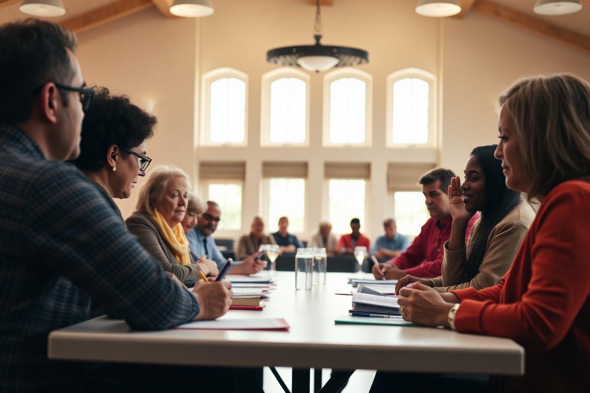 Neighbors seated around a table at a community meeting in a bright hall
