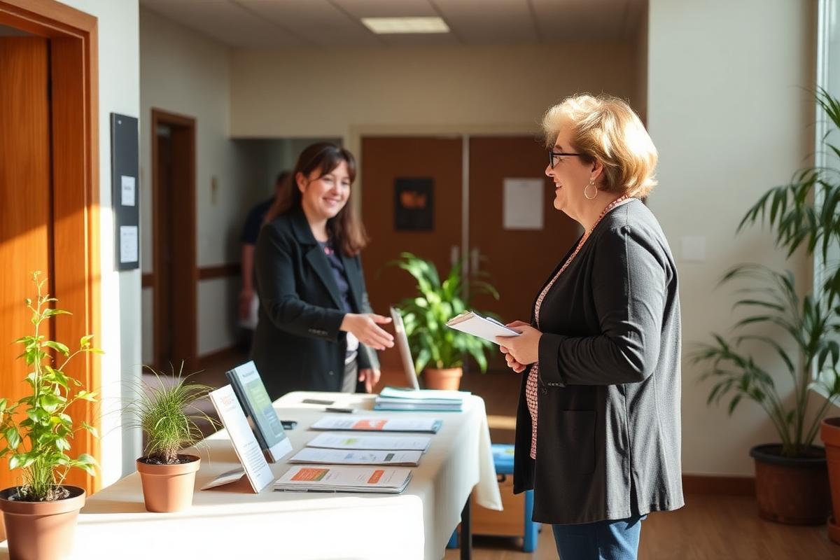 Community resource table where a staff member welcomes a visitor in a bright lobby